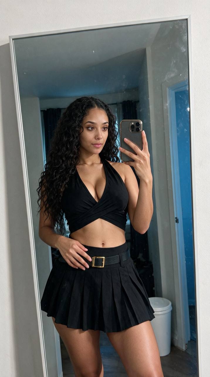 Liana in a black outfit taking a mirror selfie